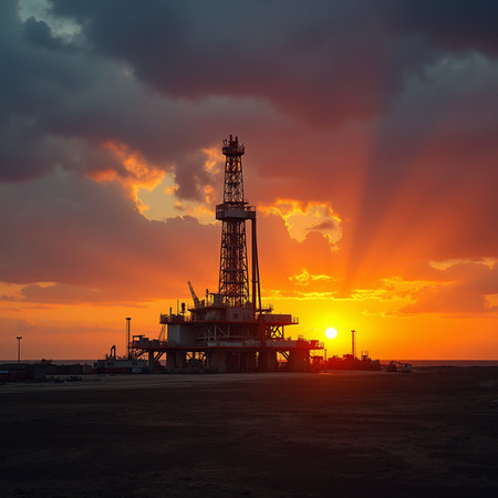 Offshore oil and gas production platform at sunset. Oil and gas industry.の素材
