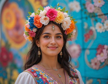Portrait of a beautiful young girl in a wreath of flowersの素材
