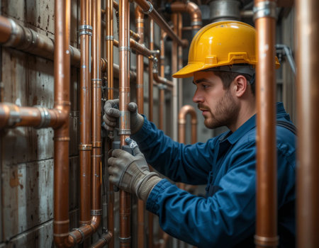 Worker in a gas boiler room. He is looking at the pipes.の素材