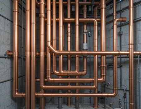 3d rendering of copper pipes in a boiler room or heating roomの素材
