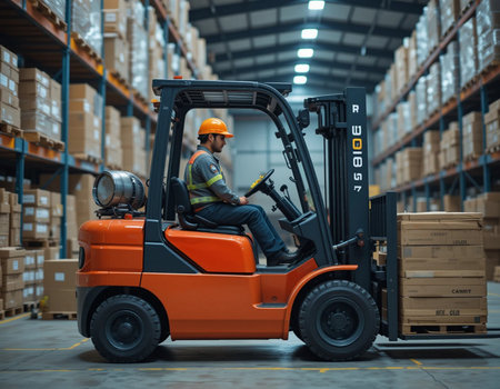Forklift loader working in warehouse. This is a freight transportation and distribution warehouse. Industrial and industrial workers conceptの素材