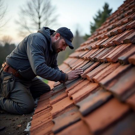 Worker installing roof tiles on a house in the early morning.の素材