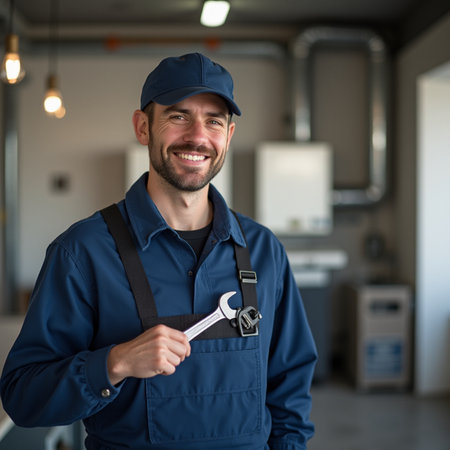 Portrait of a smiling male plumber holding a wrench in his handの素材