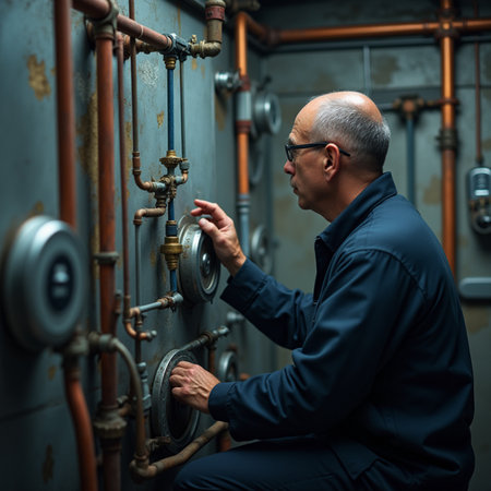 Old man in a blue jacket and glasses works on a boiler.の素材