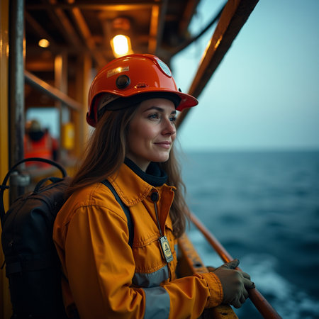Female oil workerof oil rig or ship. Portrait of female oil worker in hardhat.の素材