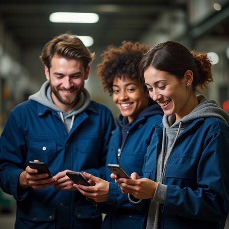 Portrait of happy young factory workers using mobile phone while standing in warehouseの素材