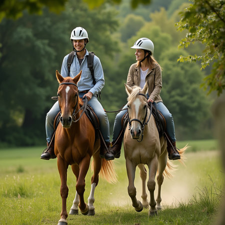 Young couple on a horseback riding in the countryside. Horseback riding.の素材
