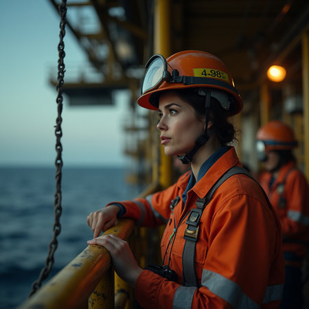 Portrait of a female oil and gas worker on the deck of a oil rig.の素材