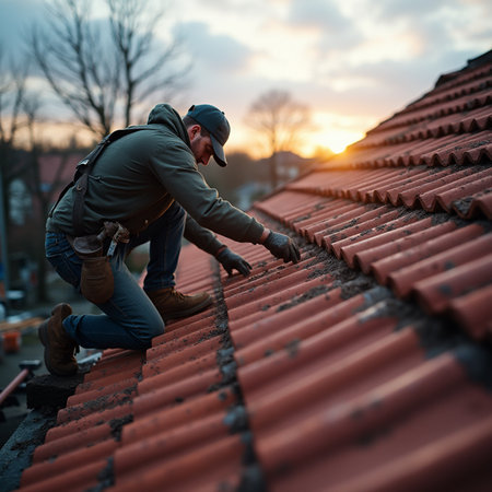 Roofer working on a roof of a house. Roof repair concept.の素材