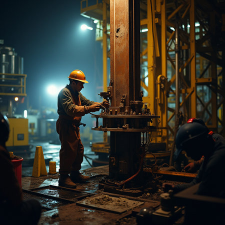 Engineer working in construction site at night. Industry and engineering concept.の素材