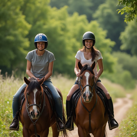 Two young women riding a horse on a country road in the summerの素材