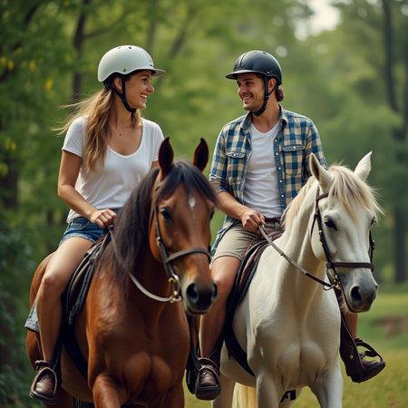Young couple riding a horse in the park. Focus on the manの素材