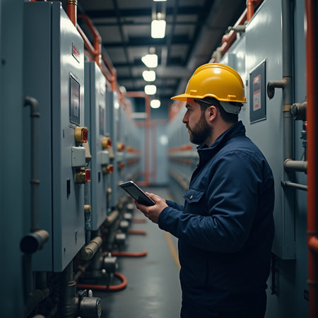 Engineer using a tablet in a boiler room. Industrial background.の素材