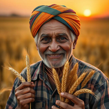 Portrait of Indian farmer standing at wheat field and smiling at cameraの素材