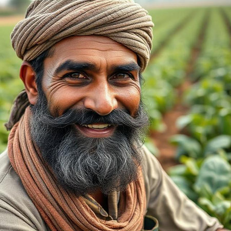 Portrait of Indian farmer with long beard and mustache at vegetable fieldの素材