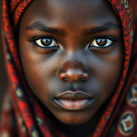 Portrait of a beautiful young African girl with red headscarfの素材