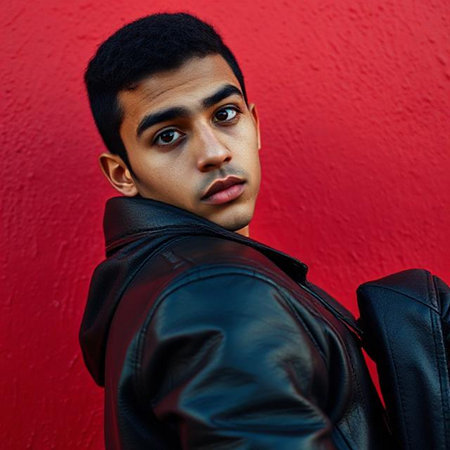 Portrait of a young man in a black leather jacket against a red wallの素材