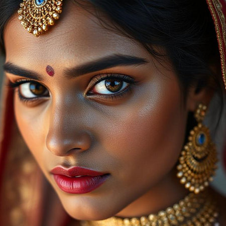 Close-up portrait of a beautiful Indian woman with Indian makeup.の素材