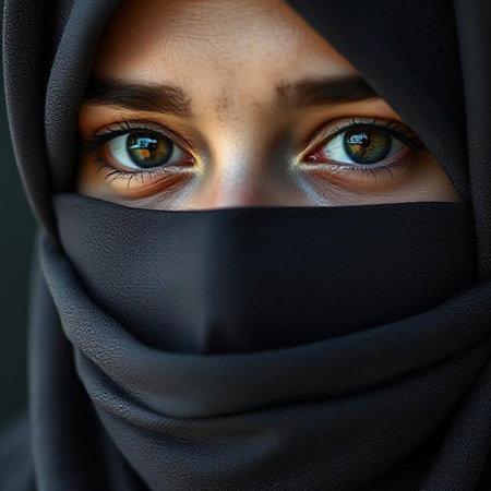 Close-up portrait of a young Muslim woman with blue eyes and black hijabの素材
