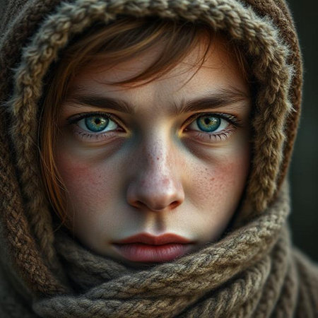 Portrait of a girl in a knitted scarf and a hoodの素材