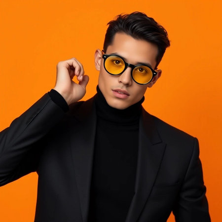 Portrait of handsome young Asian man in black suit and sunglasses on orange backgroundの素材
