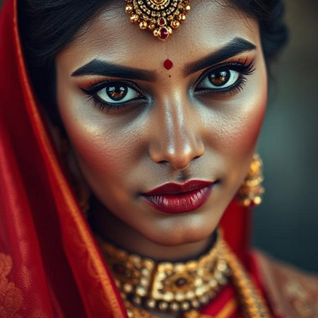 Portrait of a beautiful Indian woman with bright make up.の素材
