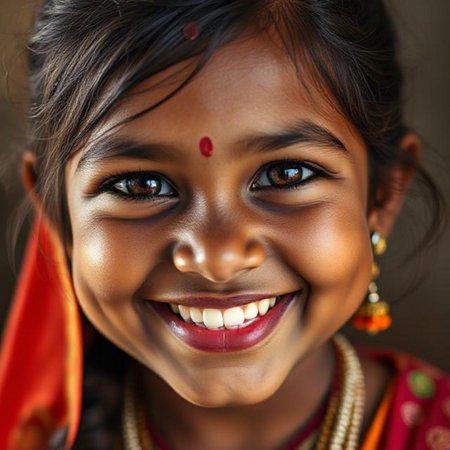 Portrait of a smiling Indian little girl with red cloth.の素材