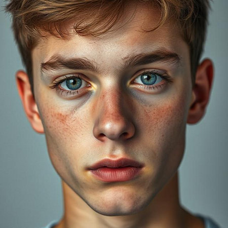 Close-up portrait of a teenage boy with freckles on his faceの素材