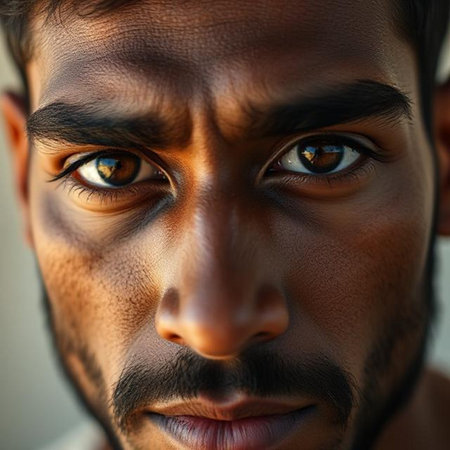 Close-up portrait of a young Indian man with brown eyes.の素材
