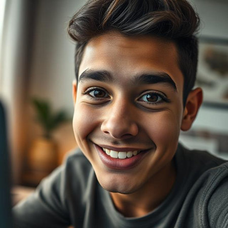Close up portrait of a young man smiling at the camera while using a laptop at homeの素材