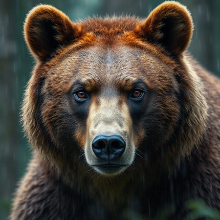 Close-up portrait of a wild brown bear in the forest.の素材