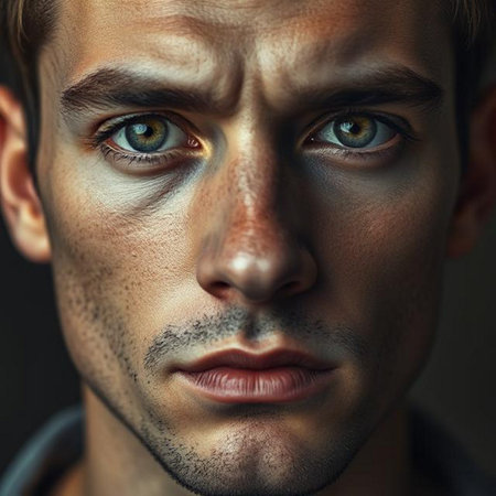 Close-up portrait of a young man with green eyes. Studio shot.の素材