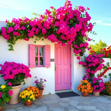 House with flowers in Santorini island, Greece. Pink door with flowers.の素材