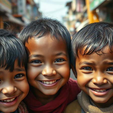 Group of happy Asian children in the street, smiling at camera.の素材