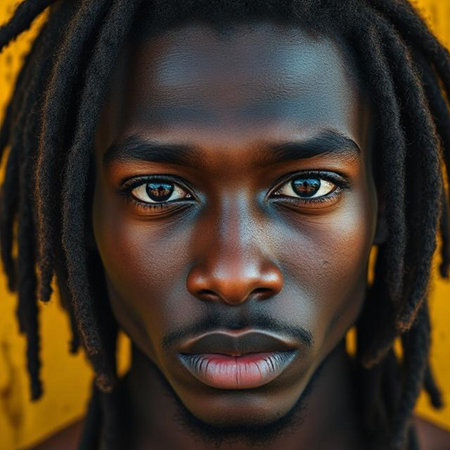 Portrait of a beautiful African American woman with dreadlocks on a yellow backgroundの素材