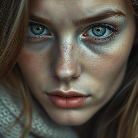Close-up portrait of a beautiful young woman with green eyes.の素材