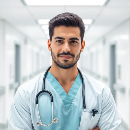 Portrait of a young male doctor with stethoscope at the hospitalの素材
