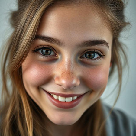 Close-up portrait of a beautiful young woman with green eyes.の素材