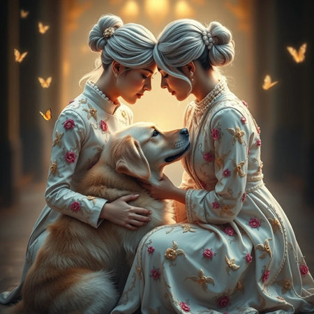 Two beautiful women in vintage dresses with golden retriever in the roomの素材
