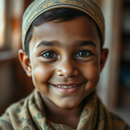 Portrait of a smiling little boy in a turban and scarfの素材