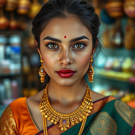 Beautiful Indian woman in sari. Portrait of beautiful young Indian woman with makeup and jewelry.の素材