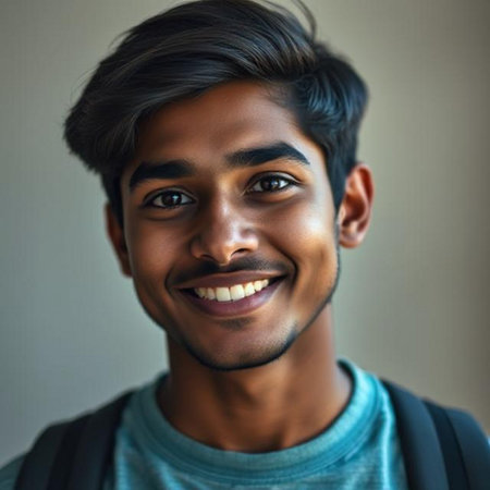 Portrait of a handsome young Indian man smiling at the cameraの素材