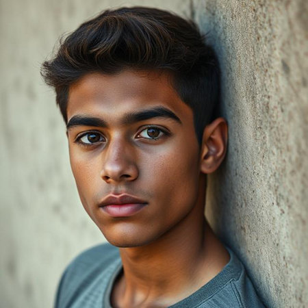 Close up portrait of a handsome young Indian man looking at cameraの素材