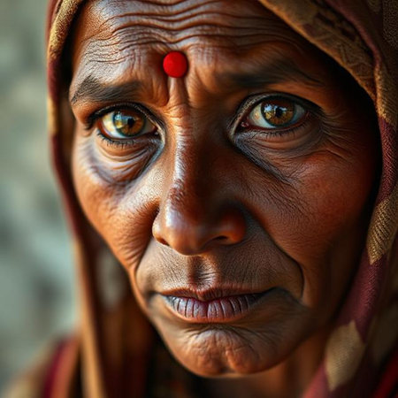 Portrait of an old Indian woman with a red coin in her mouthの素材