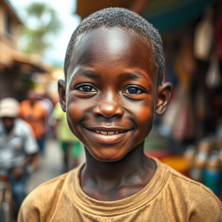 Portrait of a smiling African boy in the street of the local market.の素材
