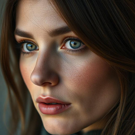 Close up portrait of a beautiful young woman with blue eyes and brown hairの素材