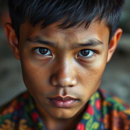 Portrait of Indian boy looking at camera with serious expression.の素材