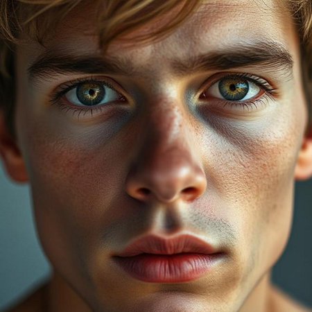 Close-up portrait of a handsome young man with blue eyes.の素材