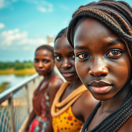 Three young African women in traditional clothes posing on the bridge.の素材