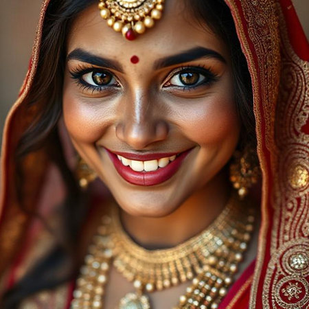 Portrait of a beautiful Indian woman in traditional clothes smiling.の素材
